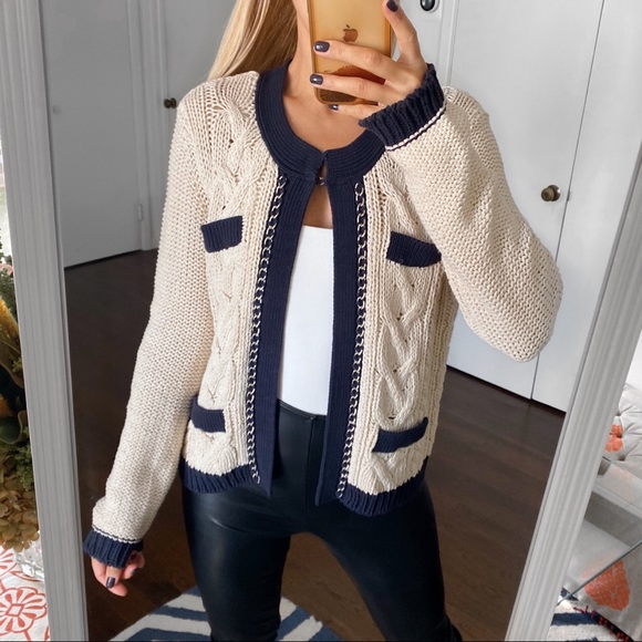 Oui Navy/Cream Striped Knitted Cardigan Style Jacket main image 1